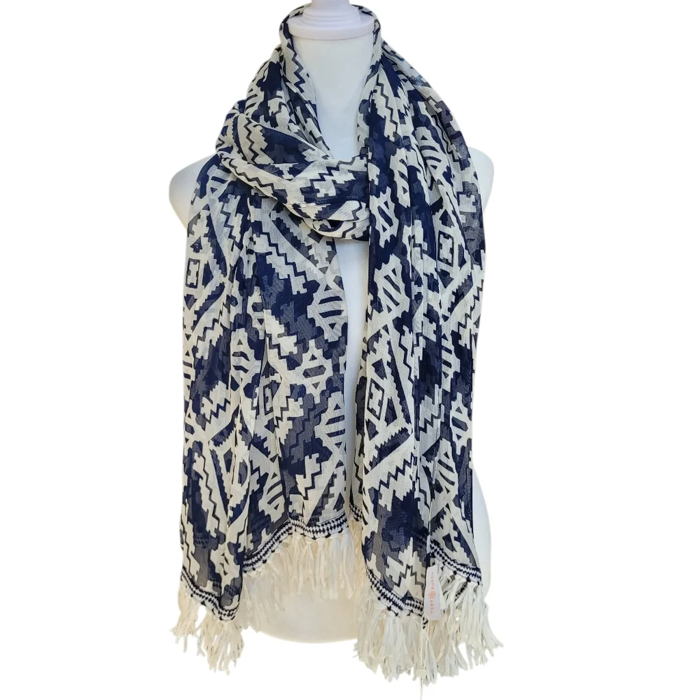 *NWT* Chic Tory Burch Navy and Cream Geometric 100% Silk Oblong Scarf W/Fringe